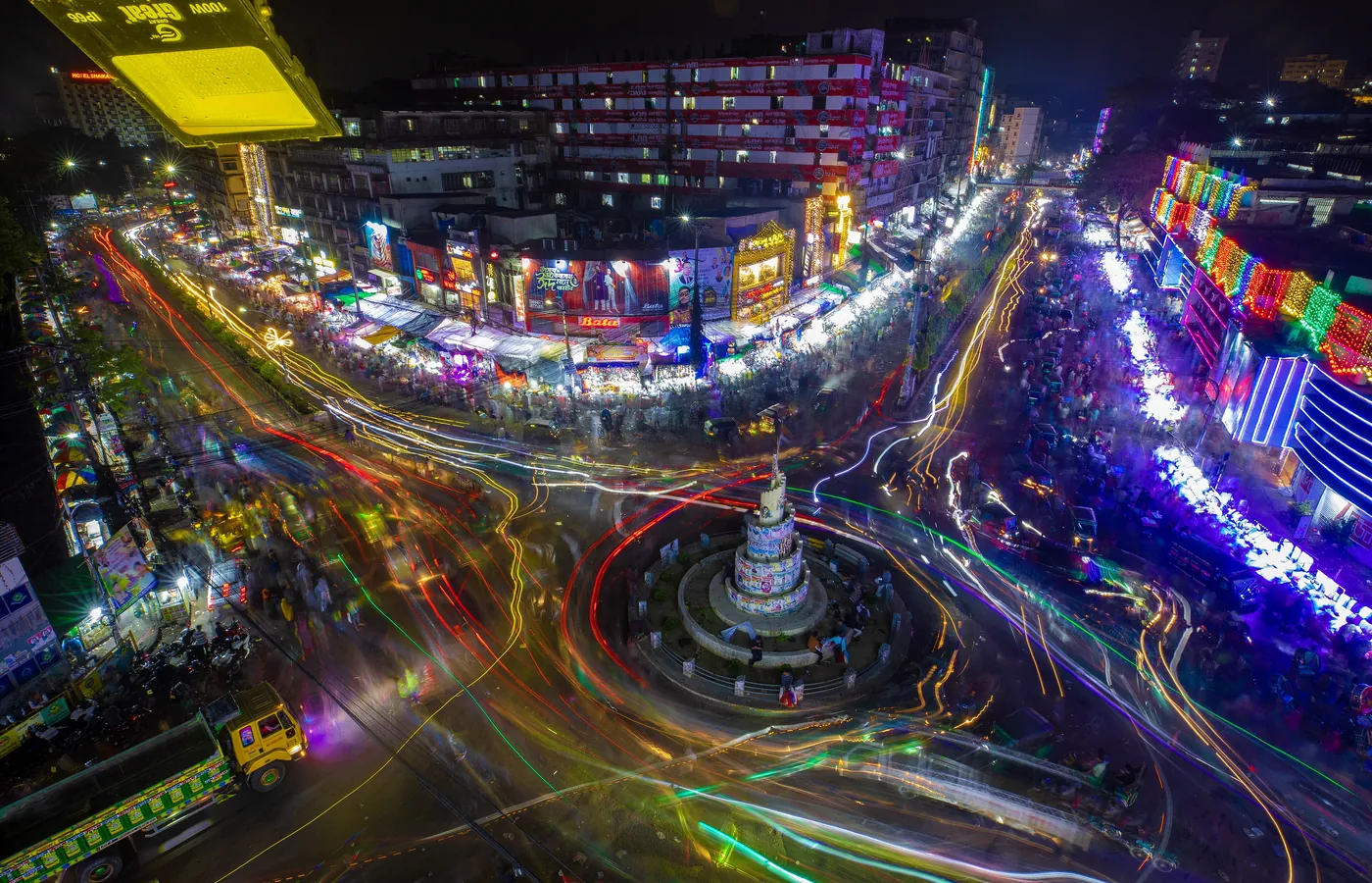 Long exposure of night traffic and lights in Dhaka