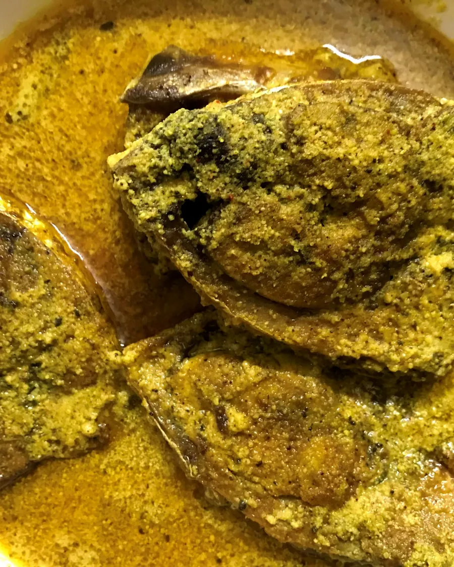 Hilsa fish in a yellow mustard gravy